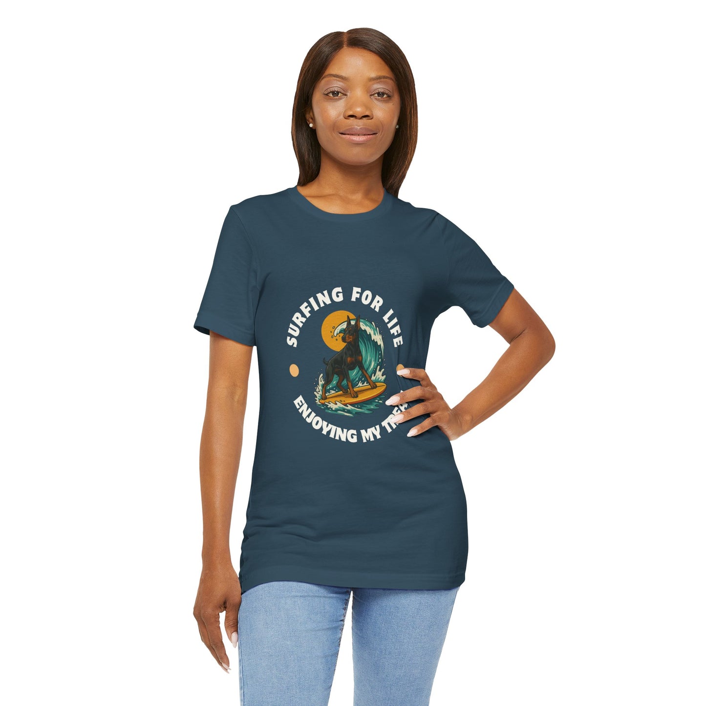 Surfing Doberman Pincher Unisex Tee, Adventure Shirt, Beach Vibes, Wolf Lover Gift, Summer Apparel, Unique Graphic Tee - Fantasy Dog Portraits