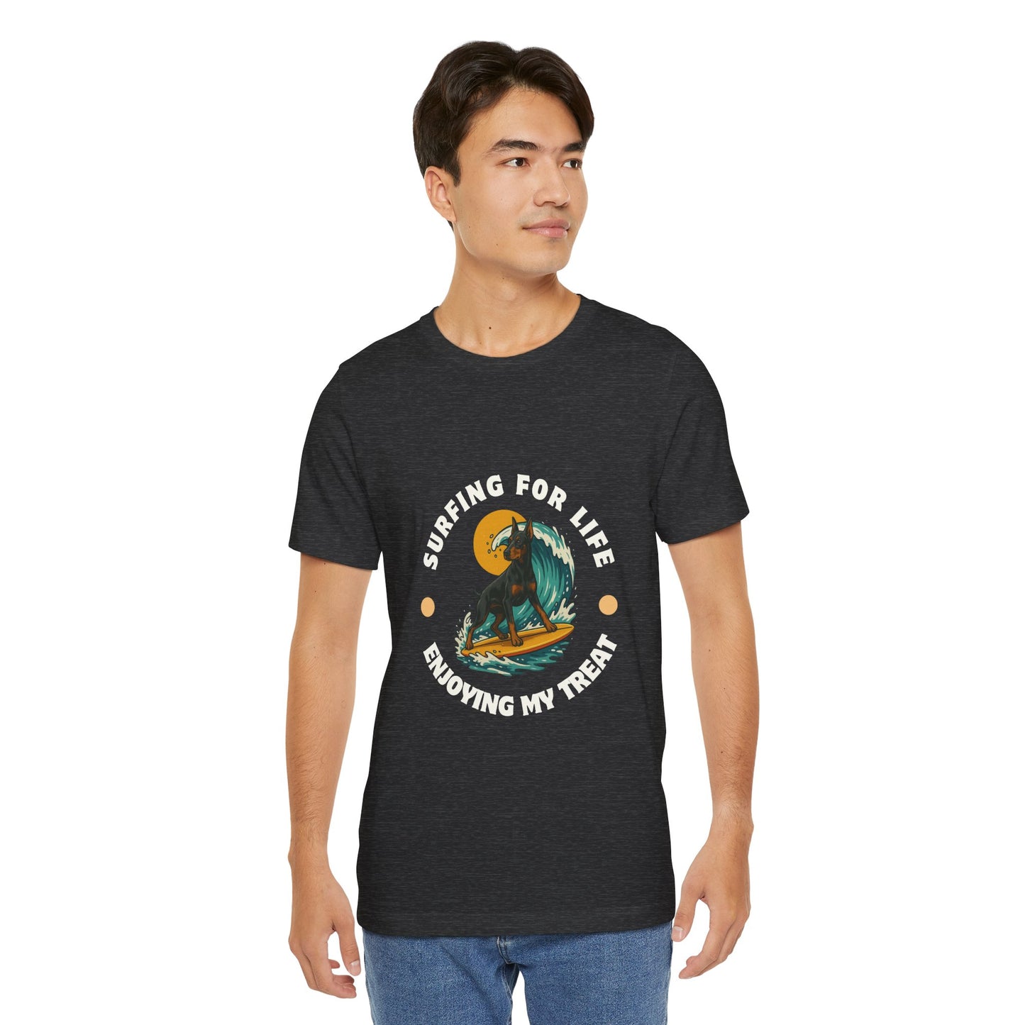 Surfing Doberman Pincher Unisex Tee, Adventure Shirt, Beach Vibes, Wolf Lover Gift, Summer Apparel, Unique Graphic Tee - Fantasy Dog Portraits