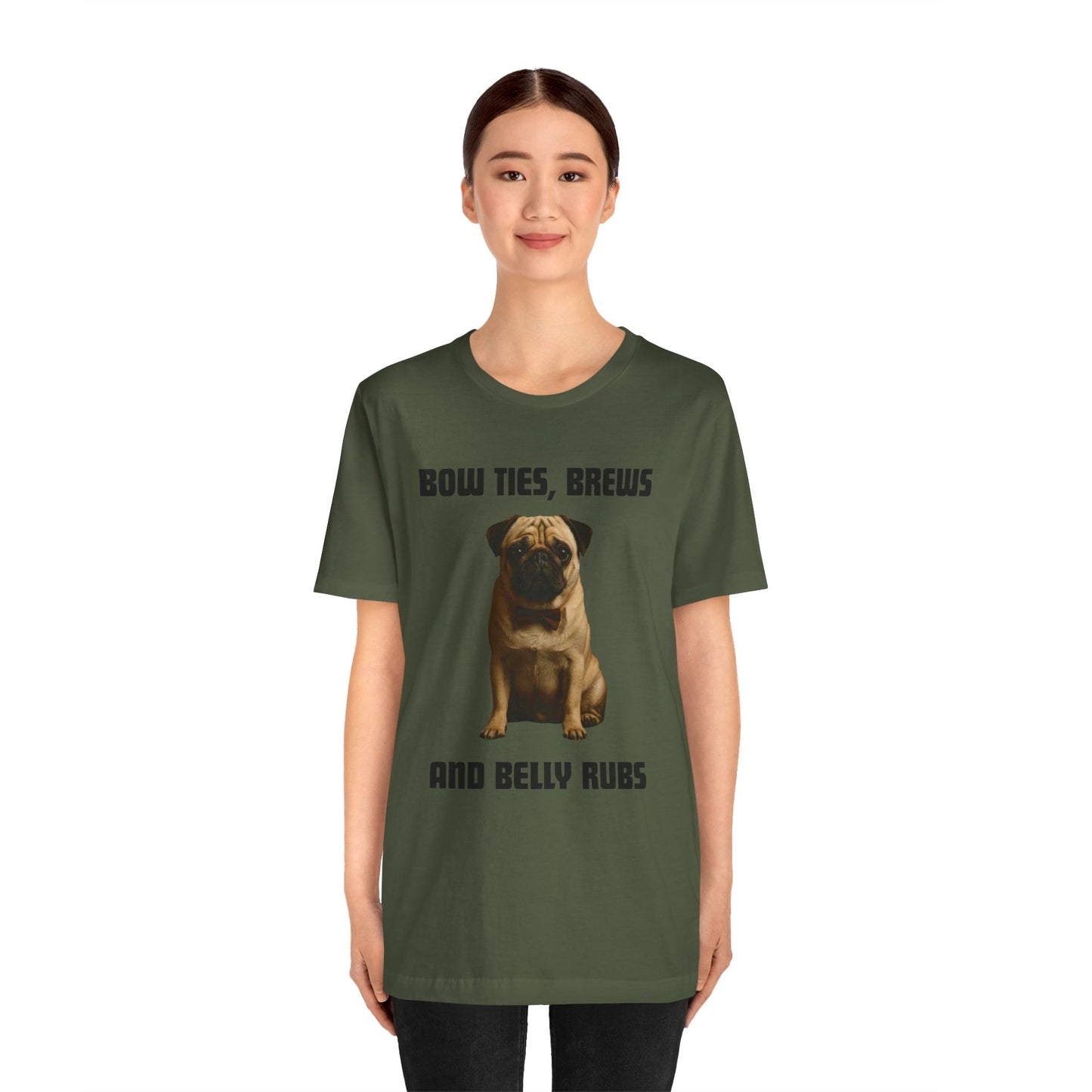 Unisex Pug Lover Tee - Bow Ties, Brews & Belly Rubs, Funny Dog Shirt, Pet Owner Gift, Casual Wear, Animal Lover Apparel