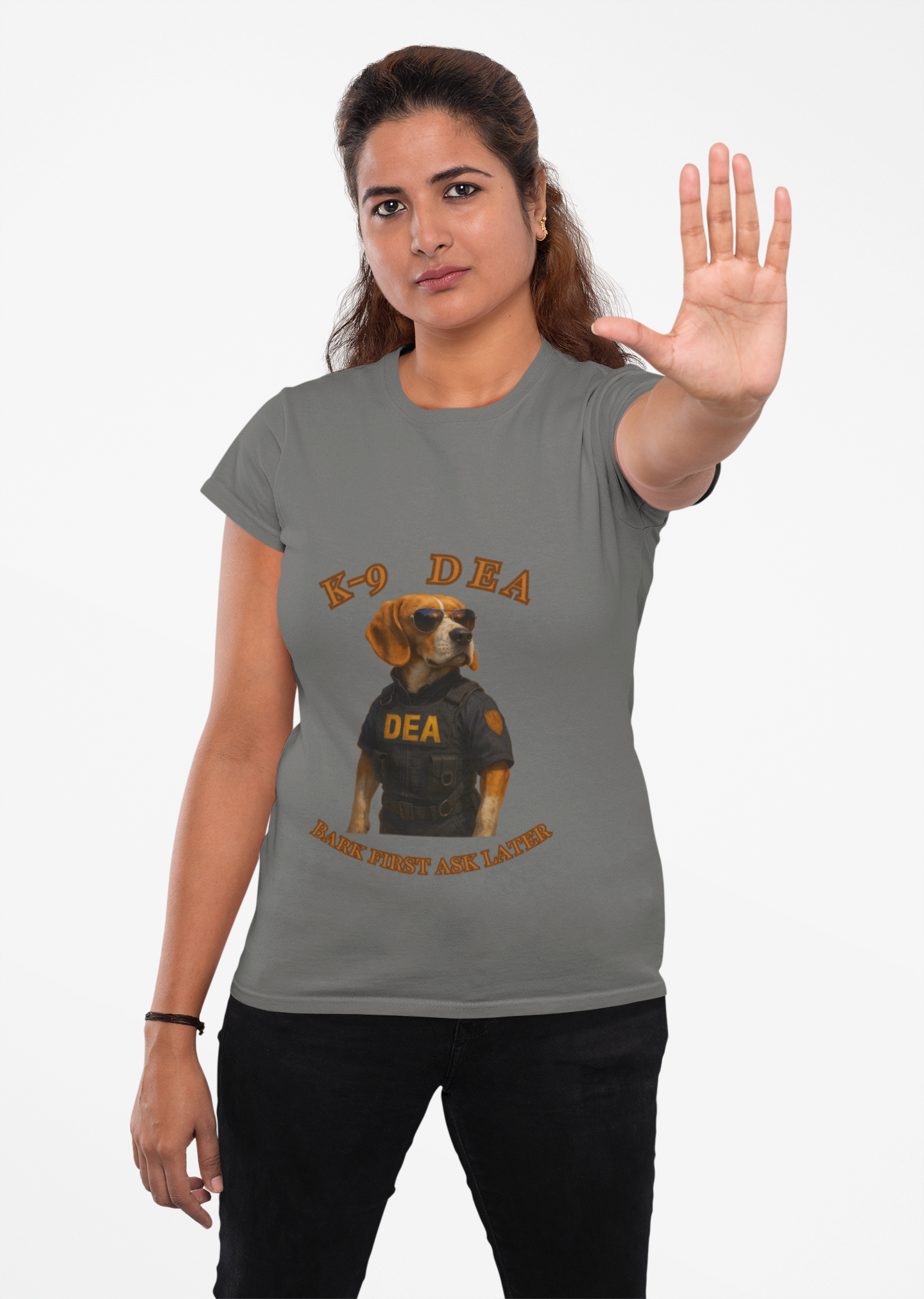 K-9 DEA Dog Lover T-Shirt | Funny Pet Tee, Unisex Graphic Shirt for Dog Owners, Gift for Animal Lovers, Casual Wear, Bark First Ask Later - Fantasy Dog Portraits