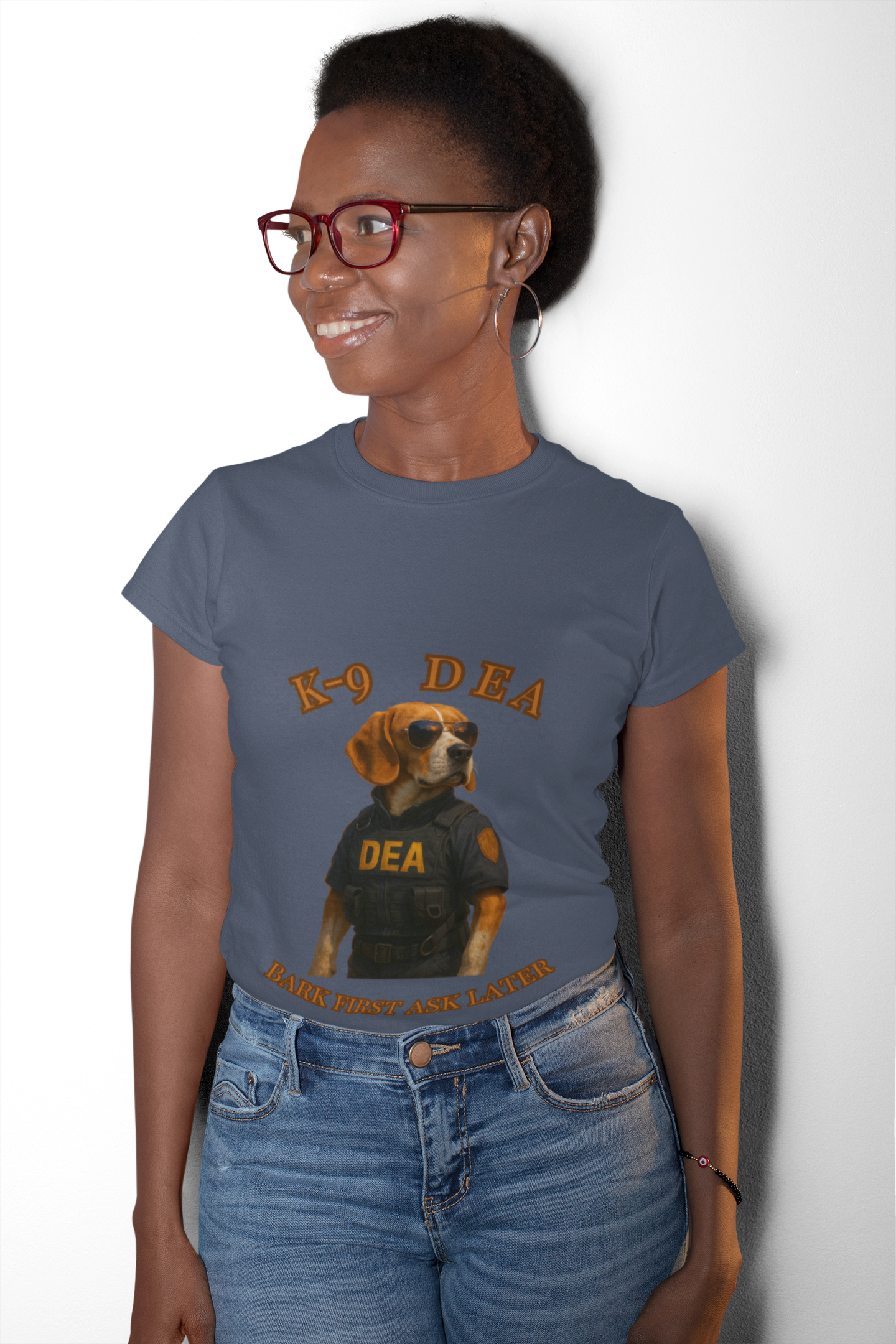 K-9 DEA Dog Lover T-Shirt | Funny Pet Tee, Unisex Graphic Shirt for Dog Owners, Gift for Animal Lovers, Casual Wear, Bark First Ask Later - Fantasy Dog Portraits