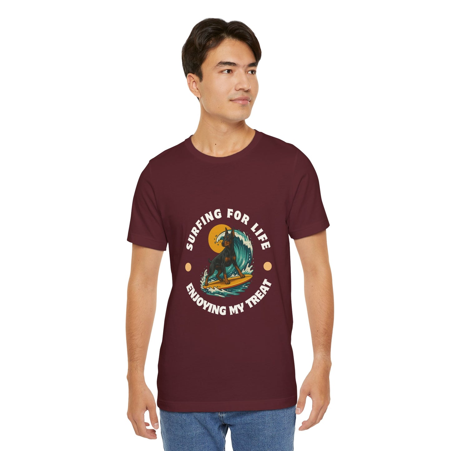 Surfing Doberman Pincher Unisex Tee, Adventure Shirt, Beach Vibes, Wolf Lover Gift, Summer Apparel, Unique Graphic Tee - Fantasy Dog Portraits