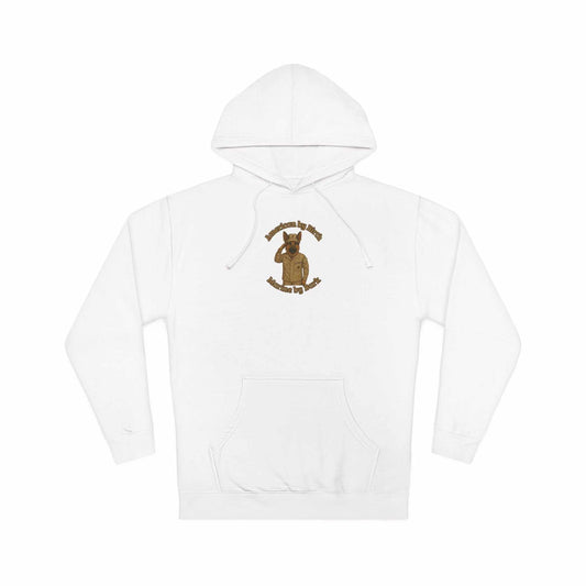 white unisex hooded sweatshirt with unique printed design and adjustable drawstring hood