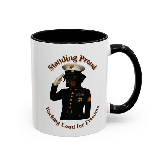 Patriotic Dog Coffee Mug, Standing Proud Military Mug, Veteran Gift, Dog Lover Gift, Funny Mug, Customizable Coffee Cup - Fantasy Dog Portraits