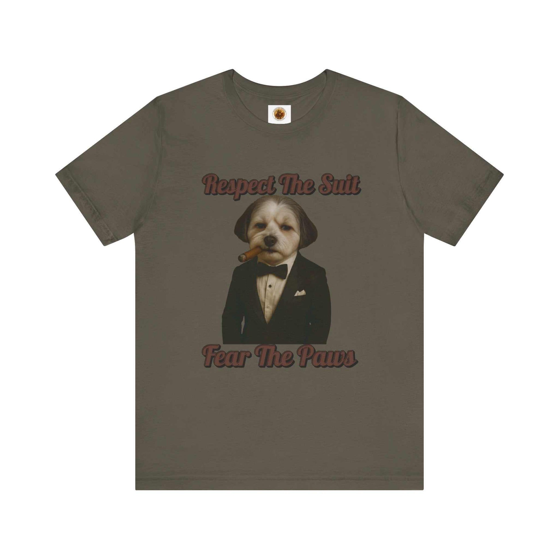 Respect the Suit Dog T-Shirt, Funny Animal Tee, Pet Lover Gift, Casual Wear, Unique Graphic Apparel - Fantasy Dog Portraits