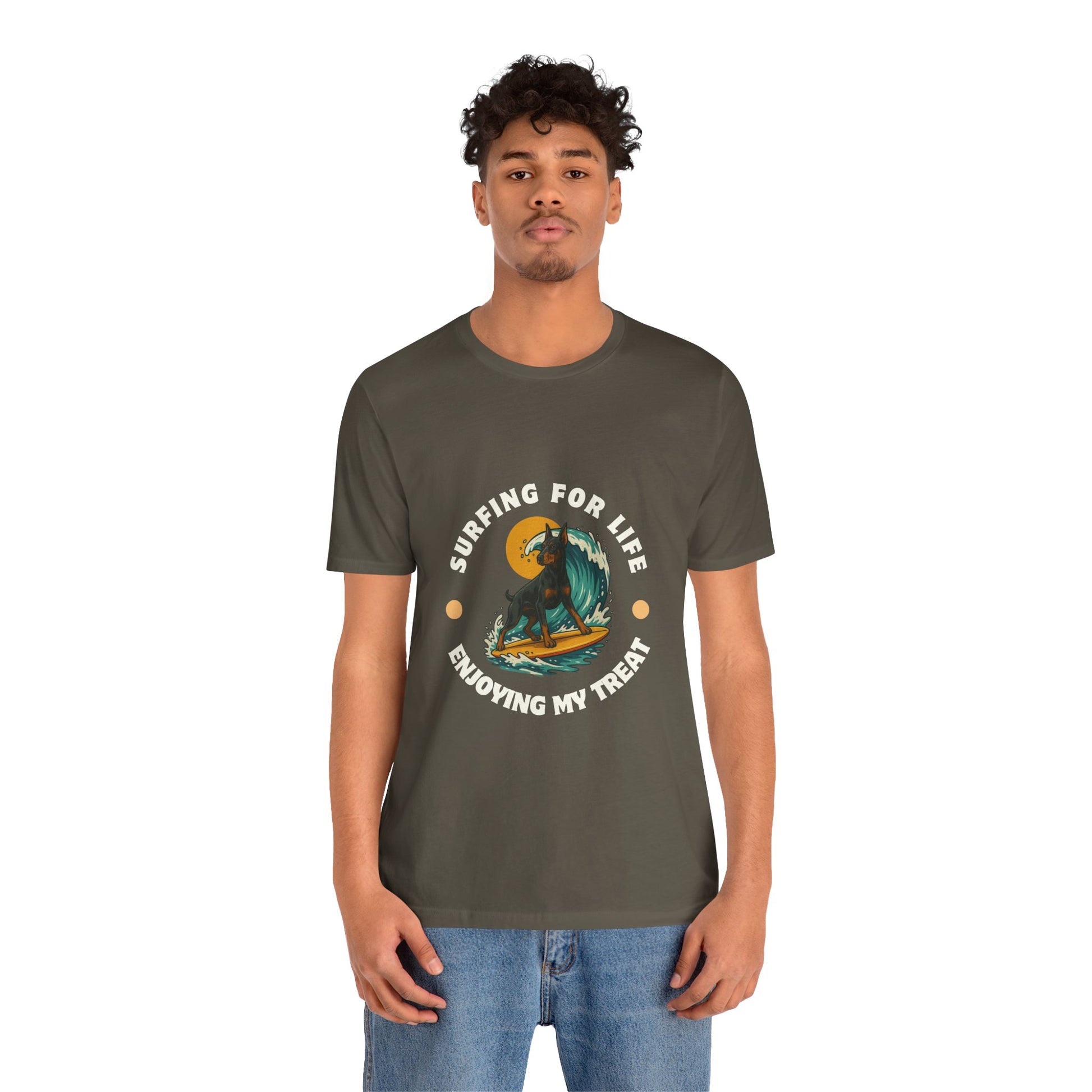 Surfing Doberman Pincher Unisex Tee, Adventure Shirt, Beach Vibes, Wolf Lover Gift, Summer Apparel, Unique Graphic Tee - Fantasy Dog Portraits