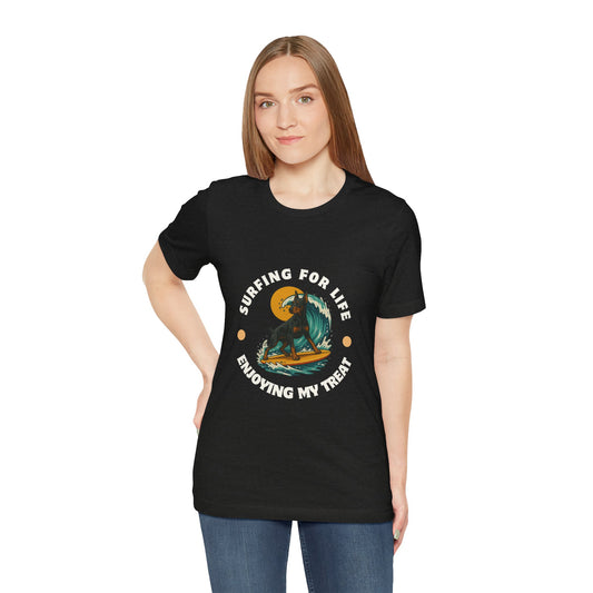 Surfing Doberman Pincher Unisex Tee, Adventure Shirt, Beach Vibes, Wolf Lover Gift, Summer Apparel, Unique Graphic Tee - Fantasy Dog Portraits