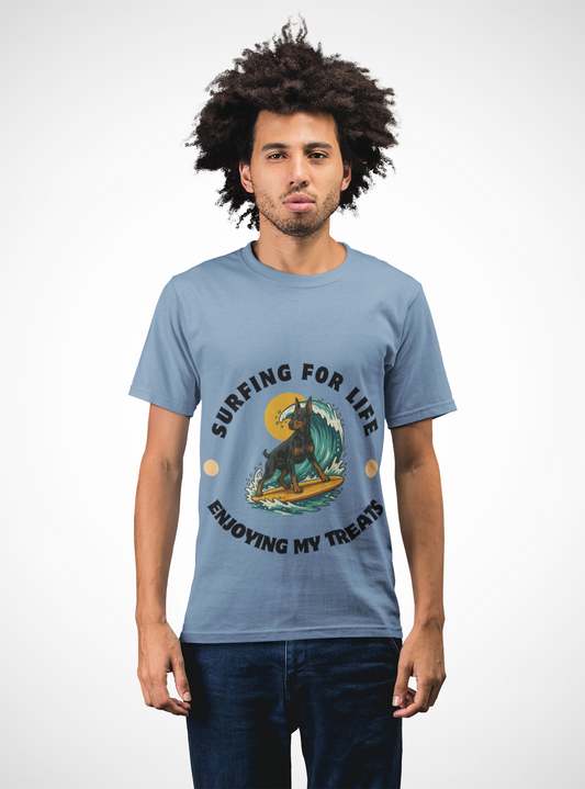 Doberman Pincher Surfing for Life Unisex Tee, Casual Beachwear, Gift for Surfers, Summer Apparel, Fun Vacation Top, Surfing Enthusiast Shirt - Fantasy Dog Portraits