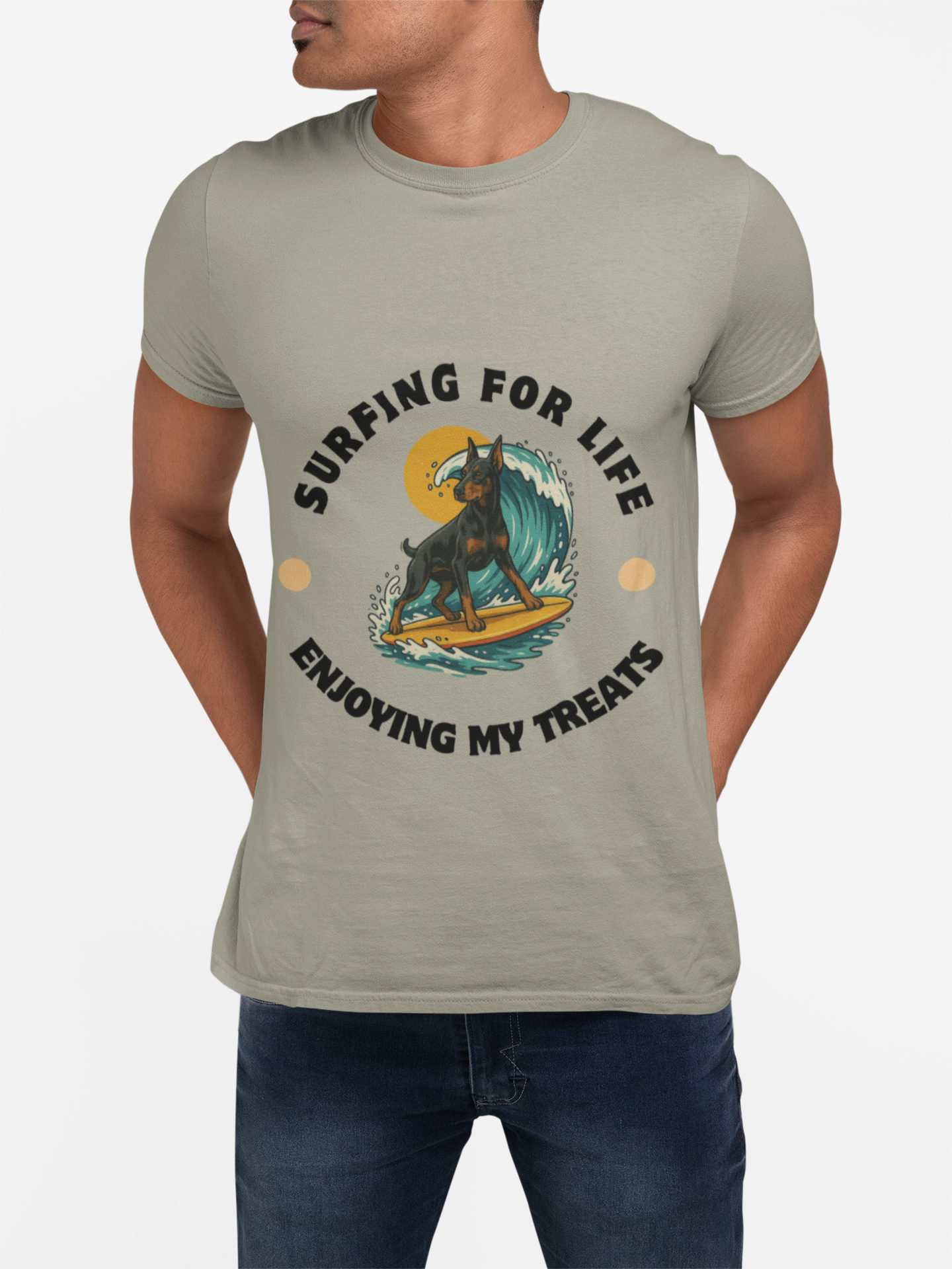 Doberman Pincher Surfing for Life Unisex Tee, Casual Beachwear, Gift for Surfers, Summer Apparel, Fun Vacation Top, Surfing Enthusiast Shirt - Fantasy Dog Portraits