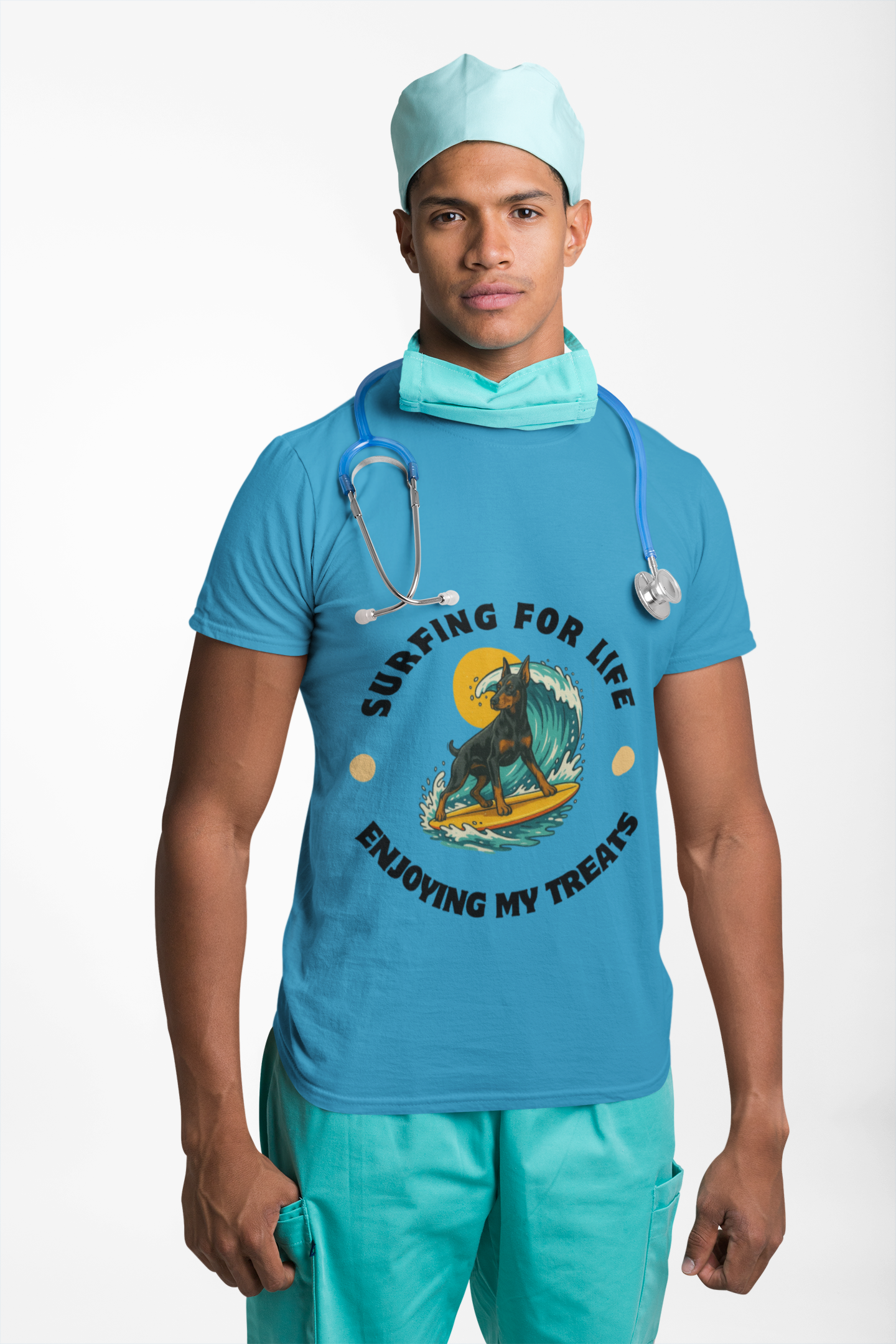 Doberman Pincher Surfing for Life Unisex Tee, Casual Beachwear, Gift for Surfers, Summer Apparel, Fun Vacation Top, Surfing Enthusiast Shirt - Fantasy Dog Portraits