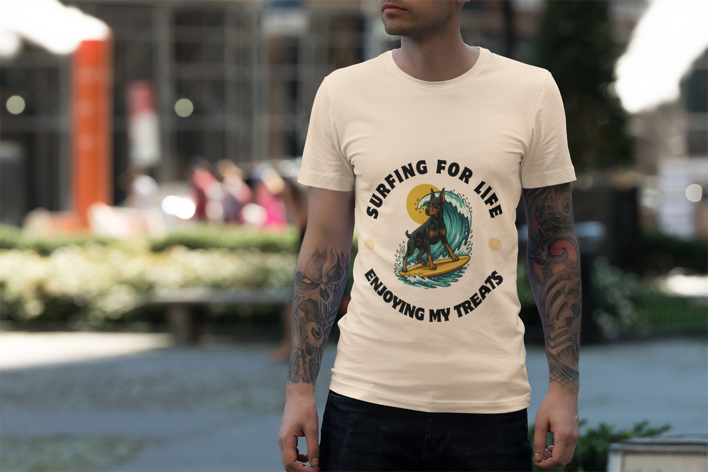 Doberman Pincher Surfing for Life Unisex Tee, Casual Beachwear, Gift for Surfers, Summer Apparel, Fun Vacation Top, Surfing Enthusiast Shirt - Fantasy Dog Portraits