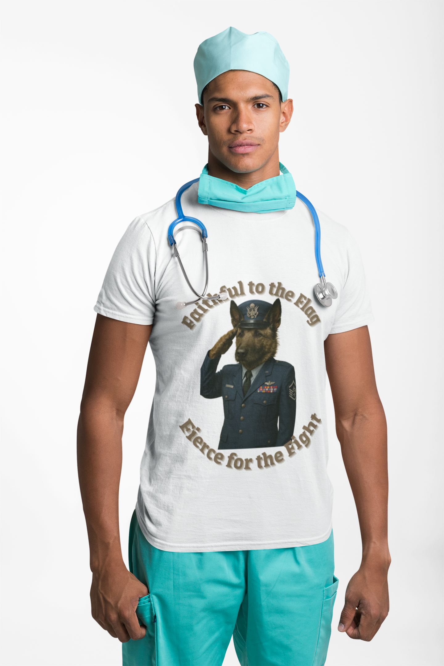 Faithful Flag Dog Air Force Saluting T-Shirt Short Sleeve - Fantasy Dog Portraits