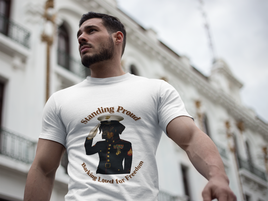 Proud Marine Salute Tee, Memorial Day Gift, Veteran's Day Apparel, Patriotic Shirt, Unisex Short Sleeve T-shirt, Freedom Celebration Wear - Fantasy Dog Portraits