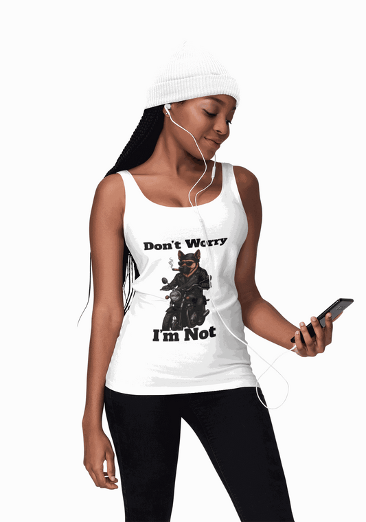 Don’t Worry I’m Not Humorous Unisex Jersey Tank - Funny Motorcycle Dog Design, Casual Summer Wear, Gift for Dog Lovers, Cool Funny Shirt, Pet Lovers Apparel - Fantasy Dog Portraits