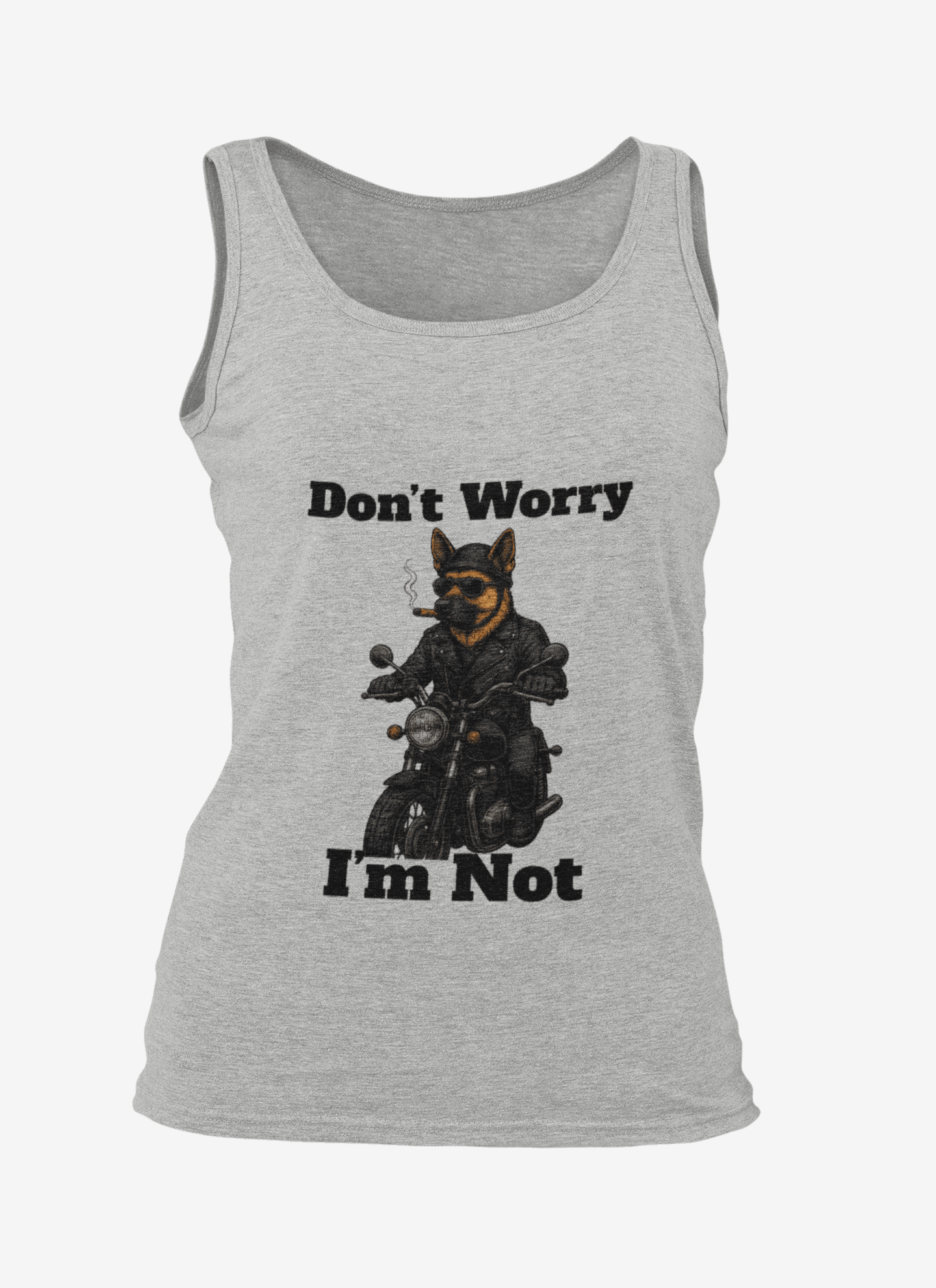 Don’t Worry I’m Not Humorous Unisex Jersey Tank - Funny Motorcycle Dog Design, Casual Summer Wear, Gift for Dog Lovers, Cool Funny Shirt, Pet Lovers Apparel - Fantasy Dog Portraits