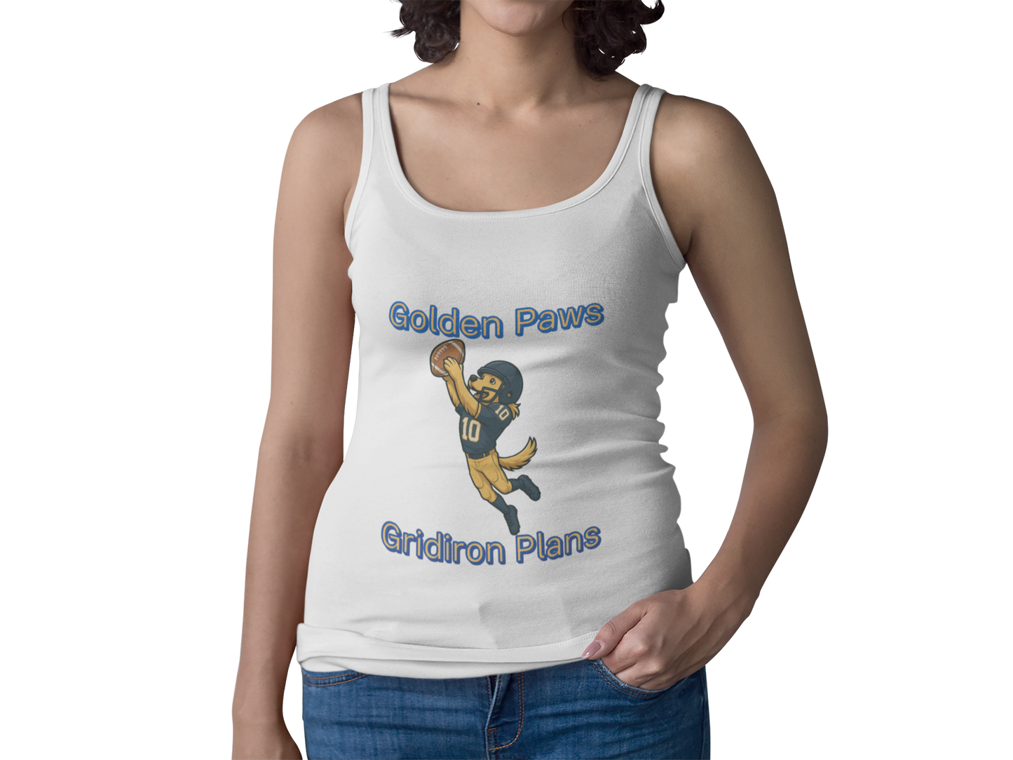 Golden Paws Gridiron Plans Unisex Jersey Tank - Sports, Football Fan Apparel, Gifts for Him, Summer Wear, Team Spirit Clothing - Fantasy Dog Portraits
