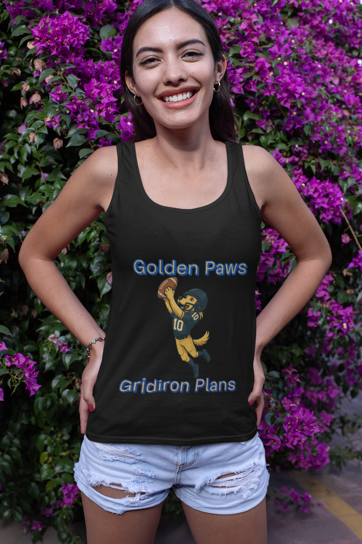 Golden Paws Gridiron Plans Unisex Jersey Tank - Sports, Football Fan Apparel, Gifts for Him, Summer Wear, Team Spirit Clothing - Fantasy Dog Portraits