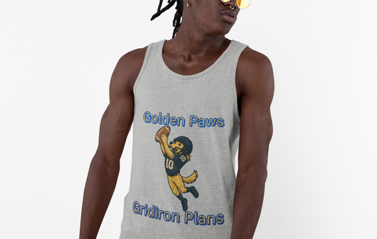 Golden Paws Gridiron Plans Unisex Jersey Tank - Sports, Football Fan Apparel, Gifts for Him, Summer Wear, Team Spirit Clothing - Fantasy Dog Portraits