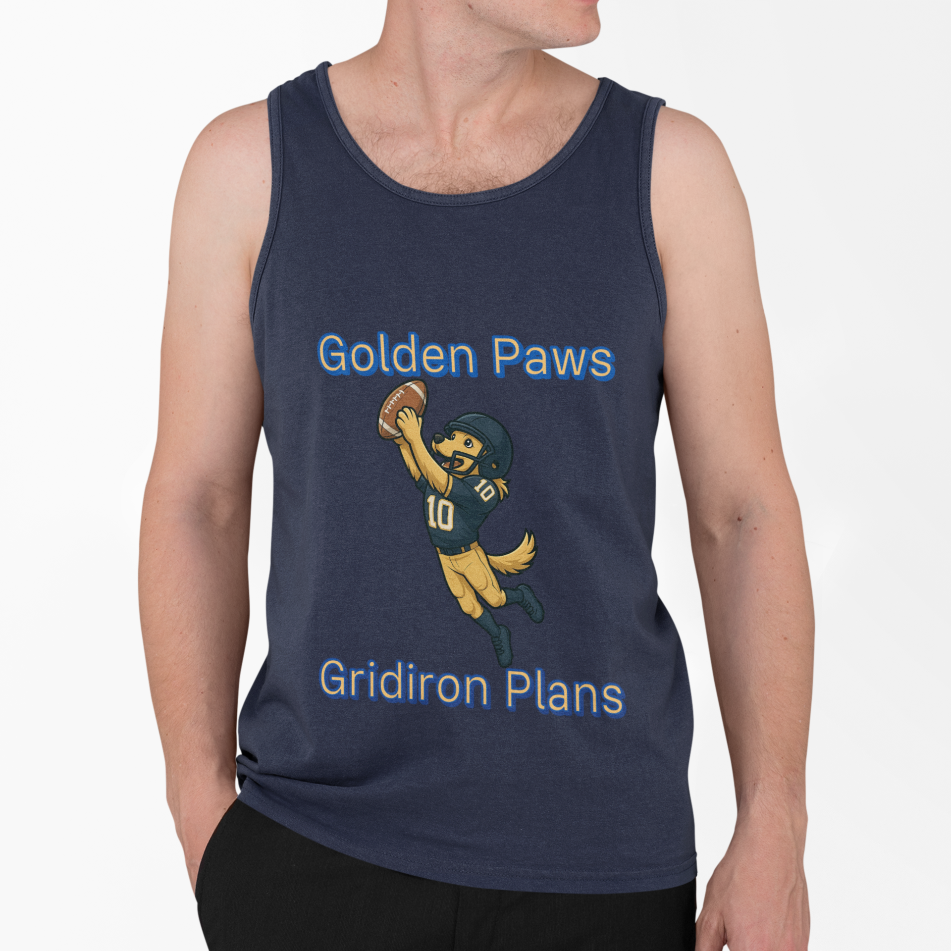 Golden Paws Gridiron Plans Unisex Jersey Tank - Sports, Football Fan Apparel, Gifts for Him, Summer Wear, Team Spirit Clothing - Fantasy Dog Portraits