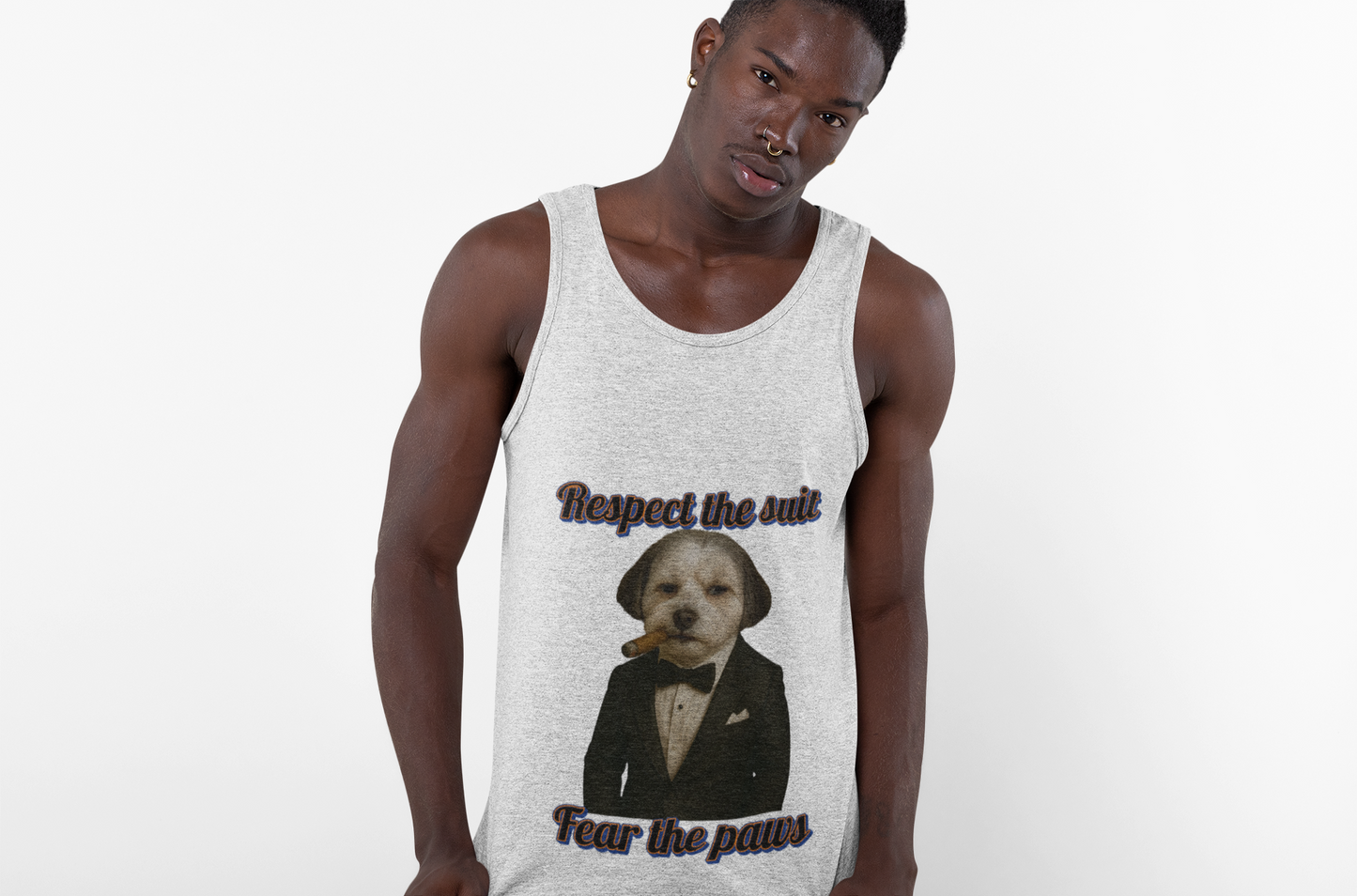 Respect the Suit Unisex Jersey Tank - Funny Pet Shirt, Dog Lovers Gift, Casual Summer Wear, Unique Animal Tee, Humor Apparel - Fantasy Dog Portraits