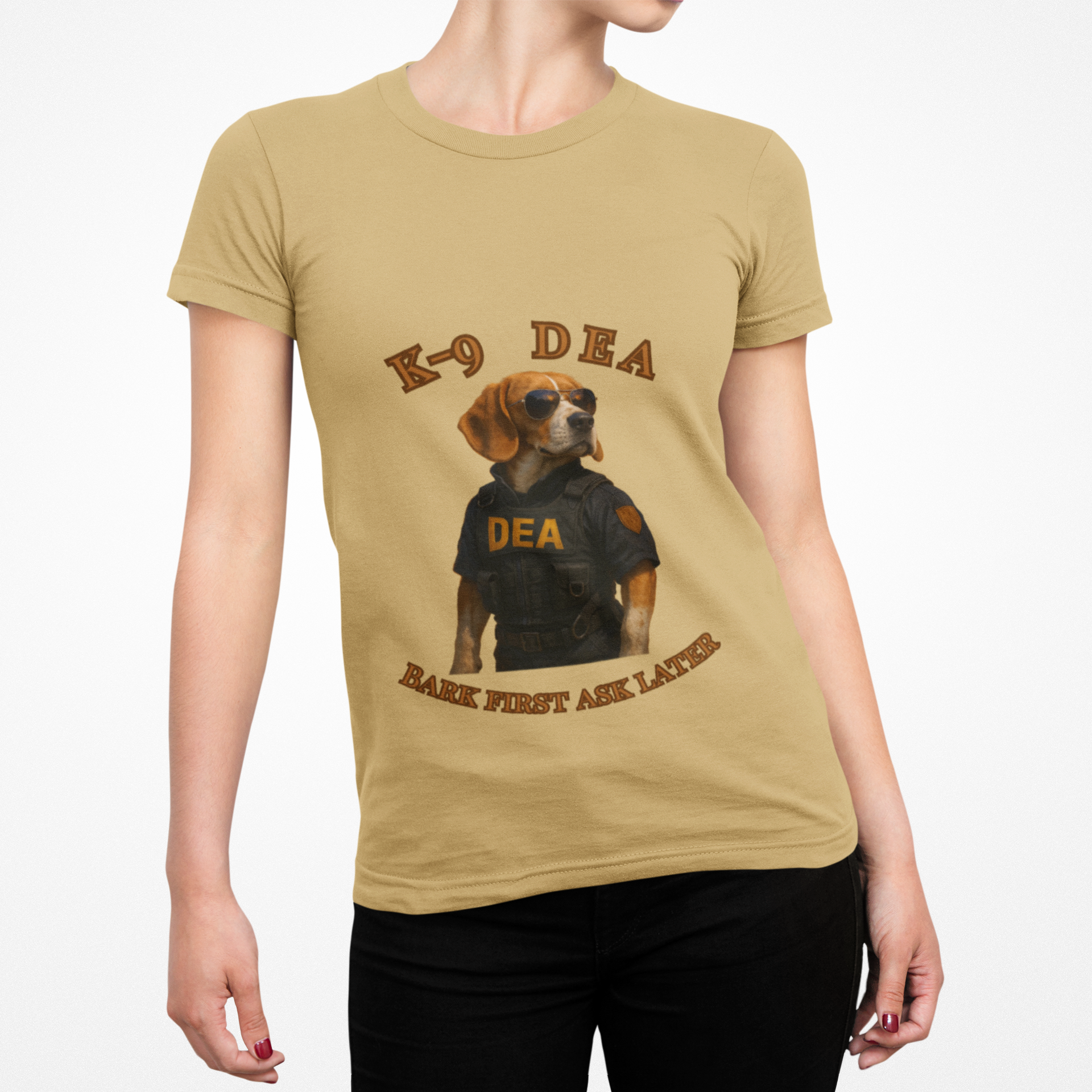 K-9 DEA Dog Lover T-Shirt | Funny Pet Tee, Unisex Graphic Shirt for Dog Owners, Gift for Animal Lovers, Casual Wear, Bark First Ask Later - Fantasy Dog Portraits