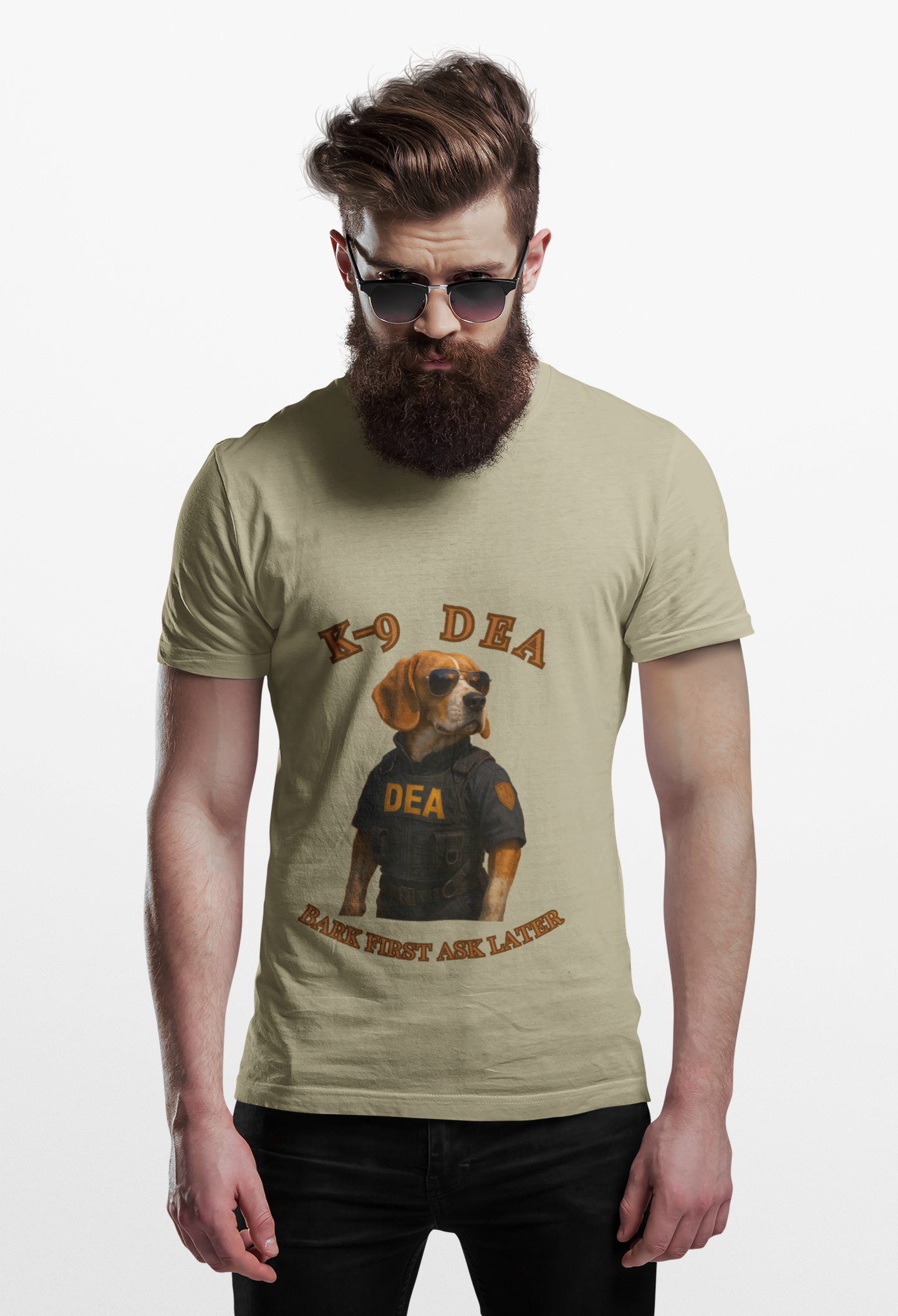 K-9 DEA Dog Lover T-Shirt | Funny Pet Tee, Unisex Graphic Shirt for Dog Owners, Gift for Animal Lovers, Casual Wear, Bark First Ask Later - Fantasy Dog Portraits