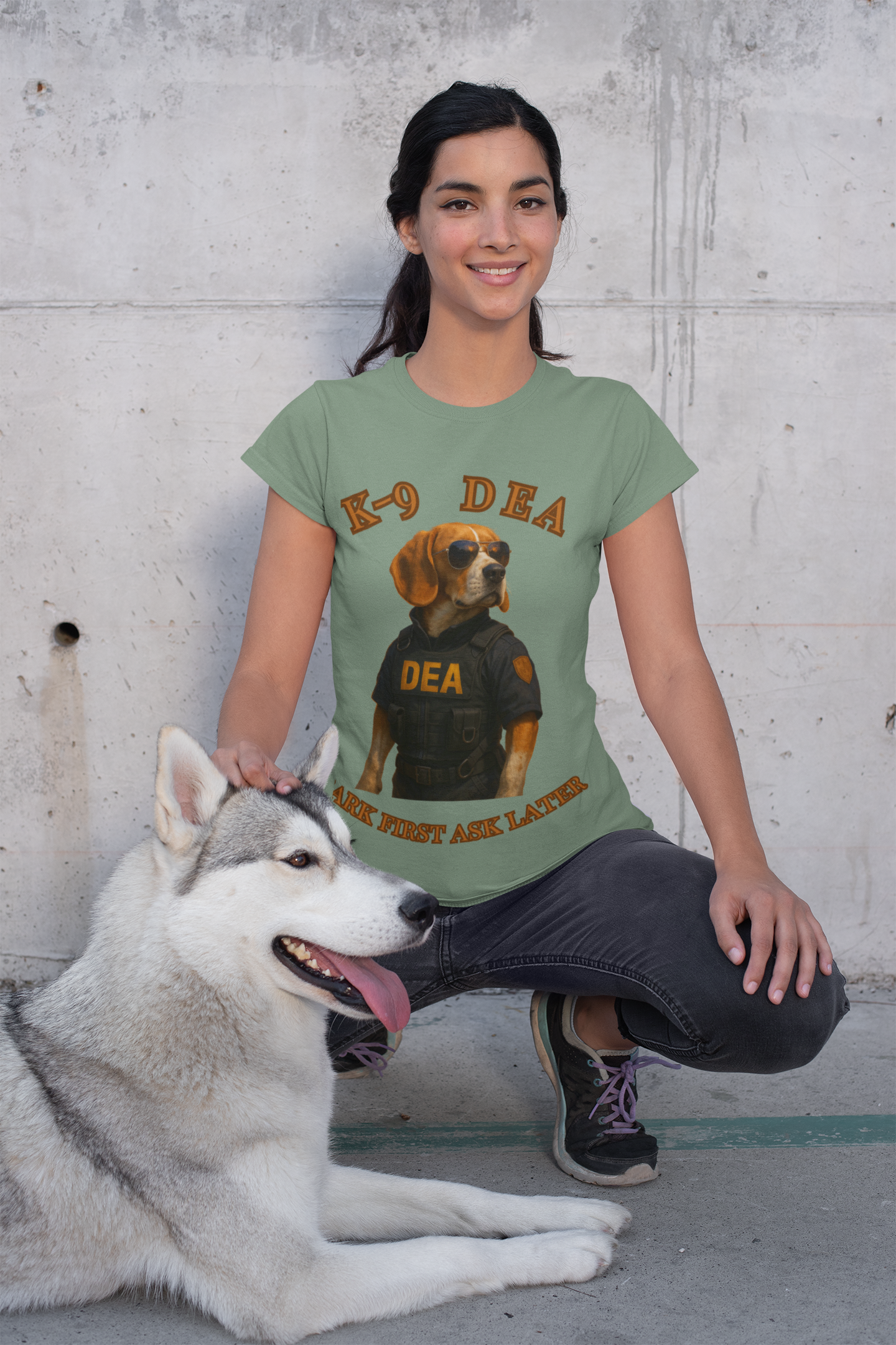 K-9 DEA Dog Lover T-Shirt | Funny Pet Tee, Unisex Graphic Shirt for Dog Owners, Gift for Animal Lovers, Casual Wear, Bark First Ask Later - Fantasy Dog Portraits