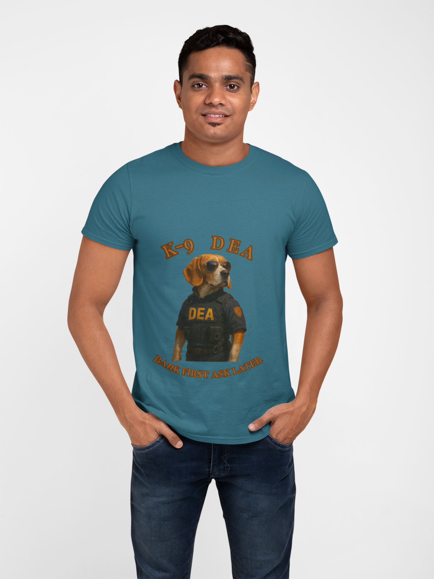 K-9 DEA Dog Lover T-Shirt | Funny Pet Tee, Unisex Graphic Shirt for Dog Owners, Gift for Animal Lovers, Casual Wear, Bark First Ask Later - Fantasy Dog Portraits