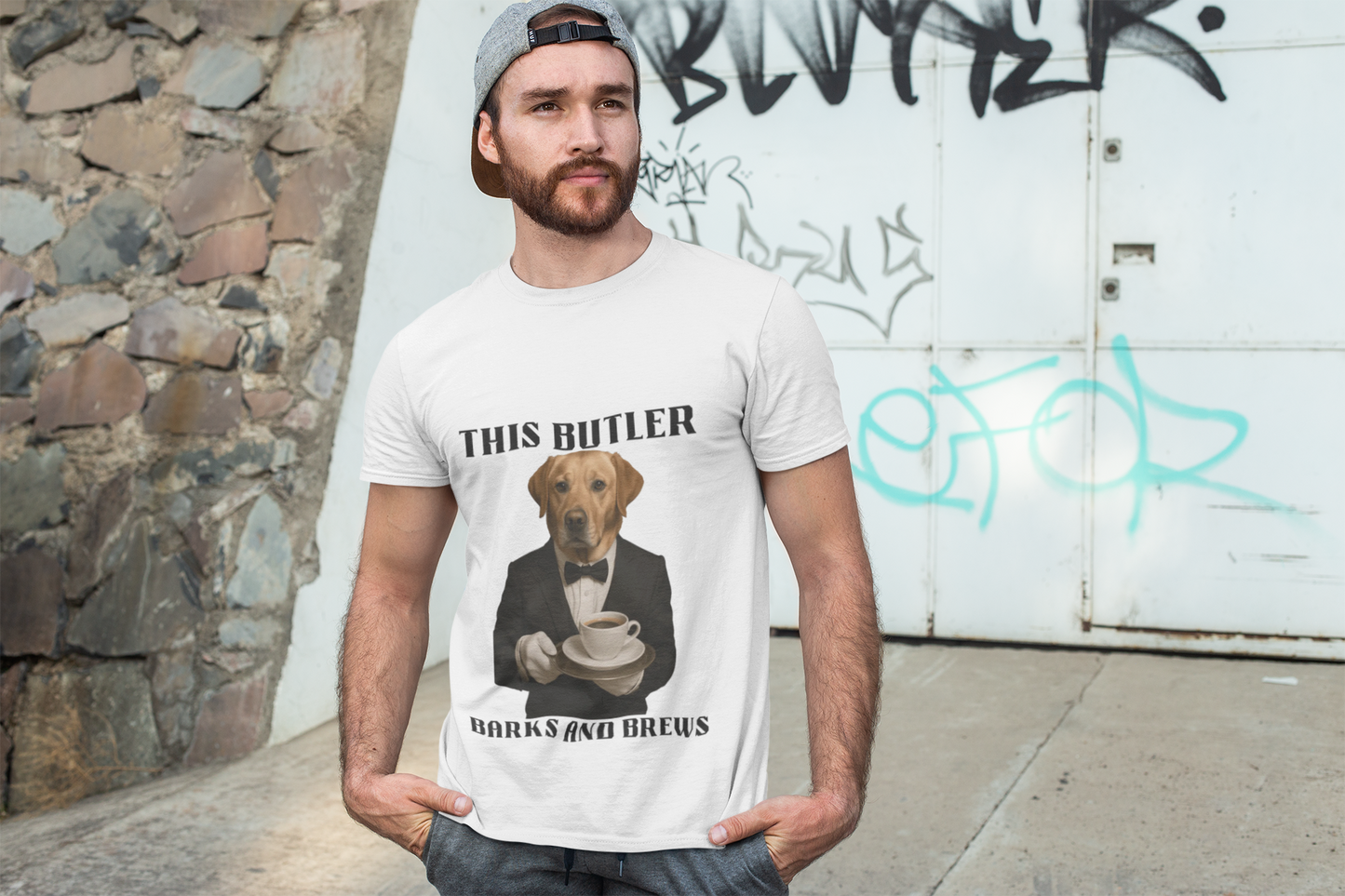 Unisex Humorous Dog Butler Tee, Funny Pet Lover Gift, Dog Lover Shirt, Quirky Animal Tee, Ideal for Dog Lovers, Coffee Enthusiasts