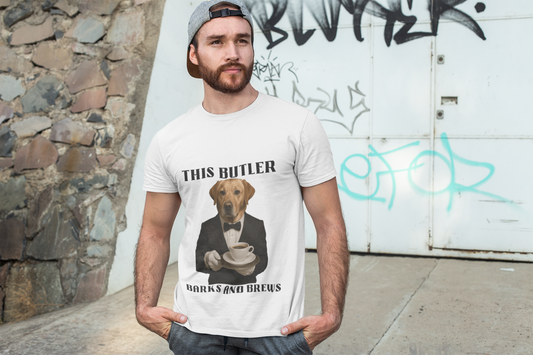 Unisex Humorous Dog Butler Tee, Funny Pet Lover Gift, Dog Lover Shirt, Quirky Animal Tee, Ideal for Dog Lovers, Coffee Enthusiasts