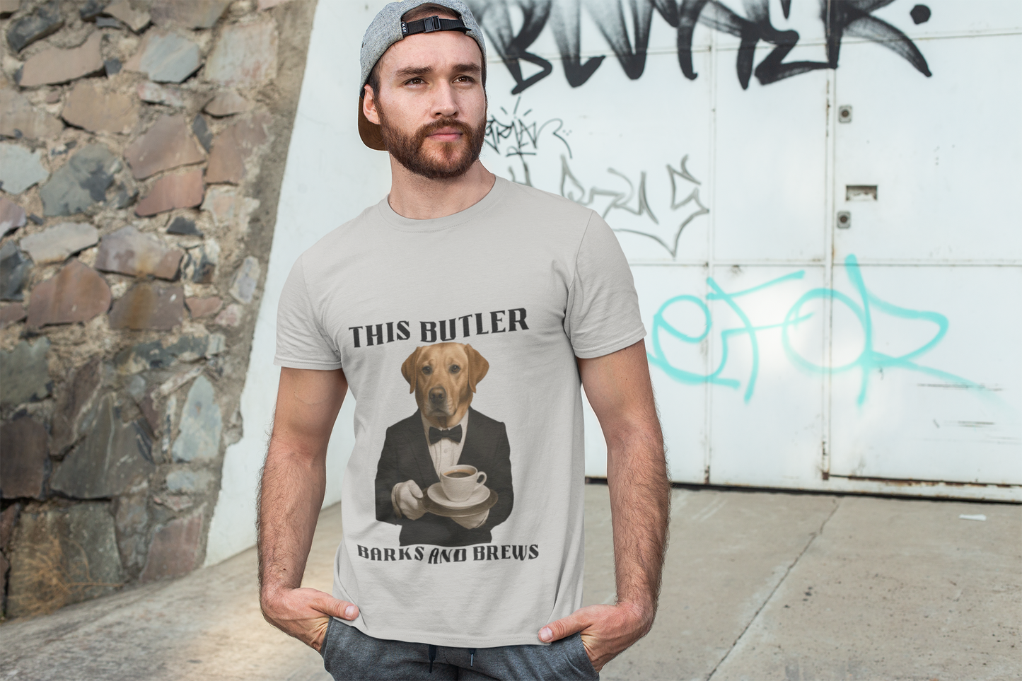 Unisex Humorous Dog Butler Tee, Funny Pet Lover Gift, Dog Lover Shirt, Quirky Animal Tee, Ideal for Dog Lovers, Coffee Enthusiasts