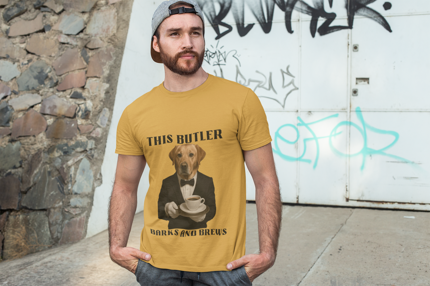Unisex Humorous Dog Butler Tee, Funny Pet Lover Gift, Dog Lover Shirt, Quirky Animal Tee, Ideal for Dog Lovers, Coffee Enthusiasts