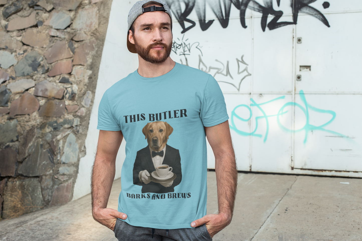 Unisex Humorous Dog Butler Tee, Funny Pet Lover Gift, Dog Lover Shirt, Quirky Animal Tee, Ideal for Dog Lovers, Coffee Enthusiasts
