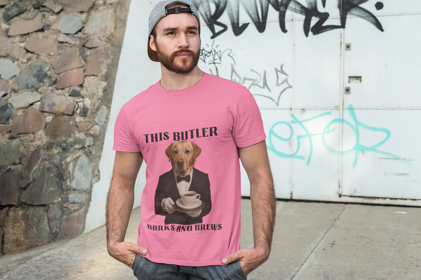 Unisex Humorous Dog Butler Tee, Funny Pet Lover Gift, Dog Lover Shirt, Quirky Animal Tee, Ideal for Dog Lovers, Coffee Enthusiasts