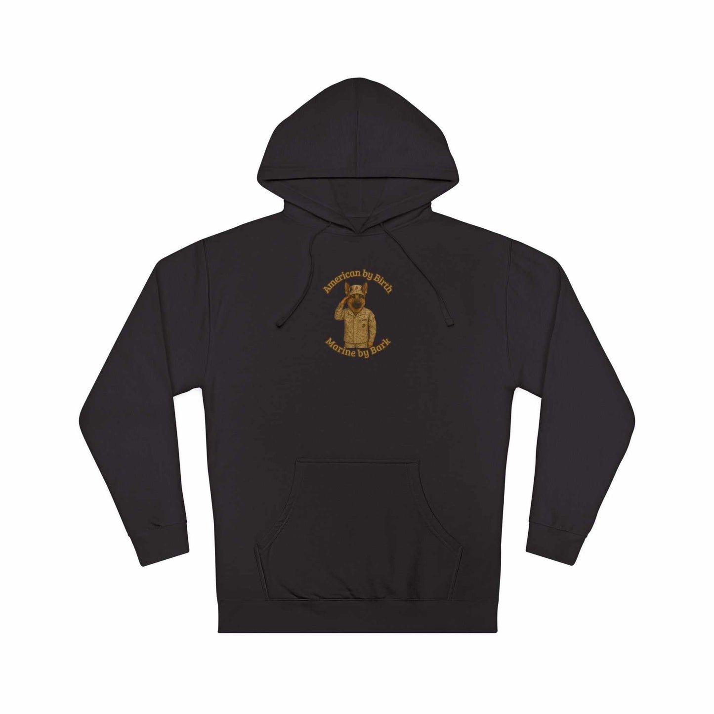 Black unisex hooded sweatshirt with adjustable drawstrings and unique printed design