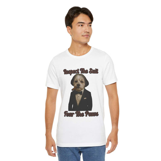 Respect the Suit Dog T-Shirt, Funny Animal Tee, Pet Lover Gift, Casual Wear, Unique Graphic Apparel - Fantasy Dog Portraits