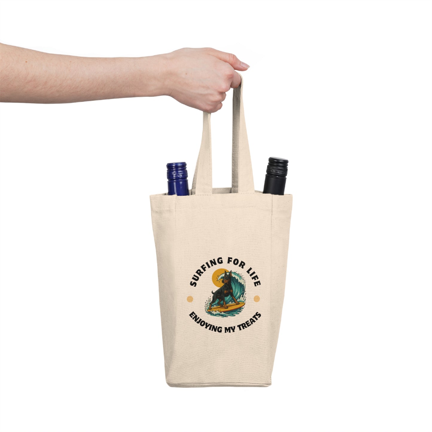 Surfing Life Double Wine Tote Bag, Wine Carrier, Beach Picnic Accessory, Gift for Wine Lovers, Fun Wine Bag, Surfing Enthusiast - Fantasy Dog Portraits